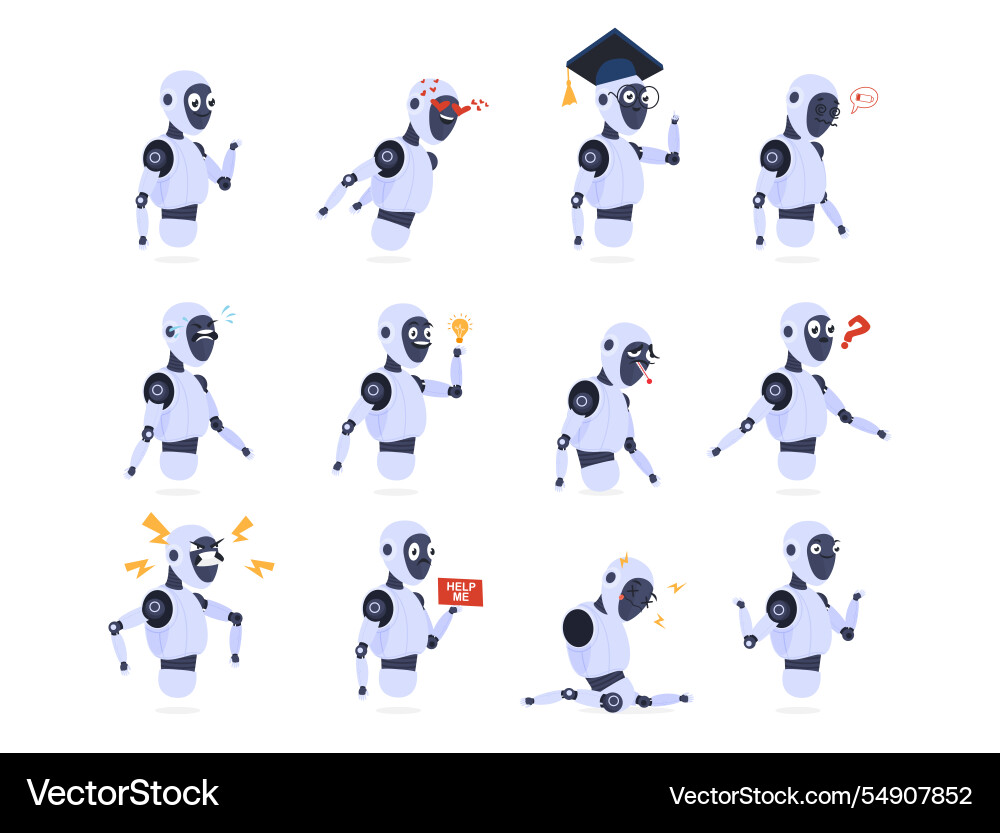 Animated chatbot character expressing various Animated chatbot character expressing various vector image