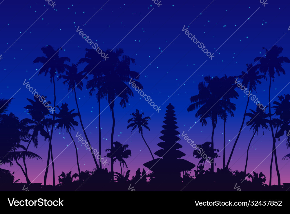 Dark palm trees and balinese temple silhouettes Dark palm trees and balinese temple silhouettes vector image