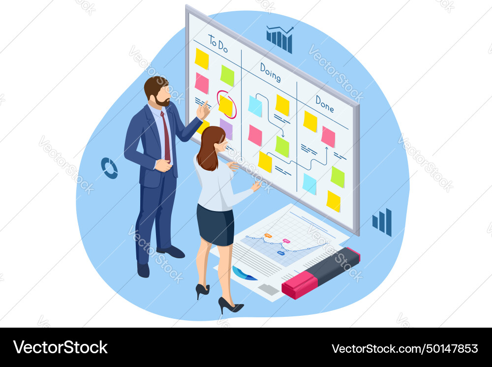 Isometric project manager updating tasks Isometric project manager updating tasks vector image