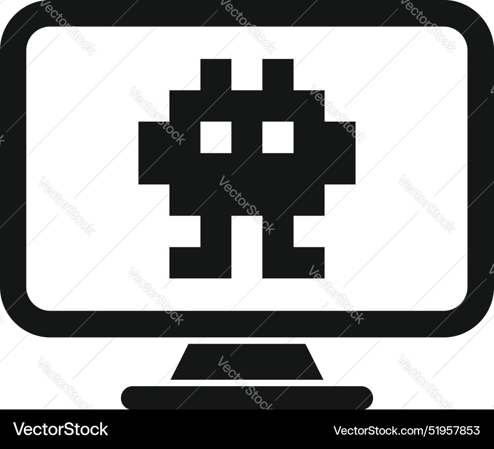 Pixel art alien invader displaying on computer Pixel art alien invader displaying on computer vector image