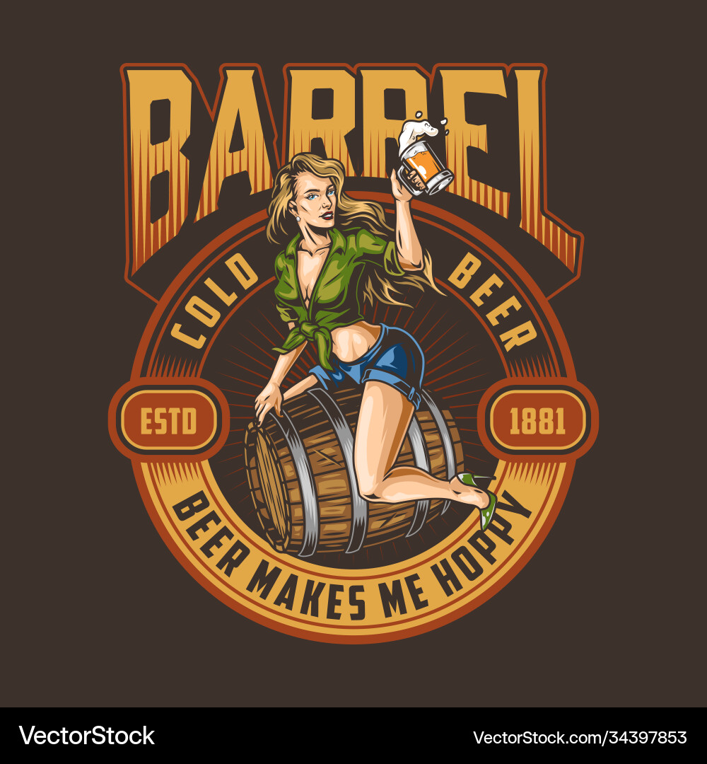 Vintage Beer Emblem - Pin-Up Style Vector Image