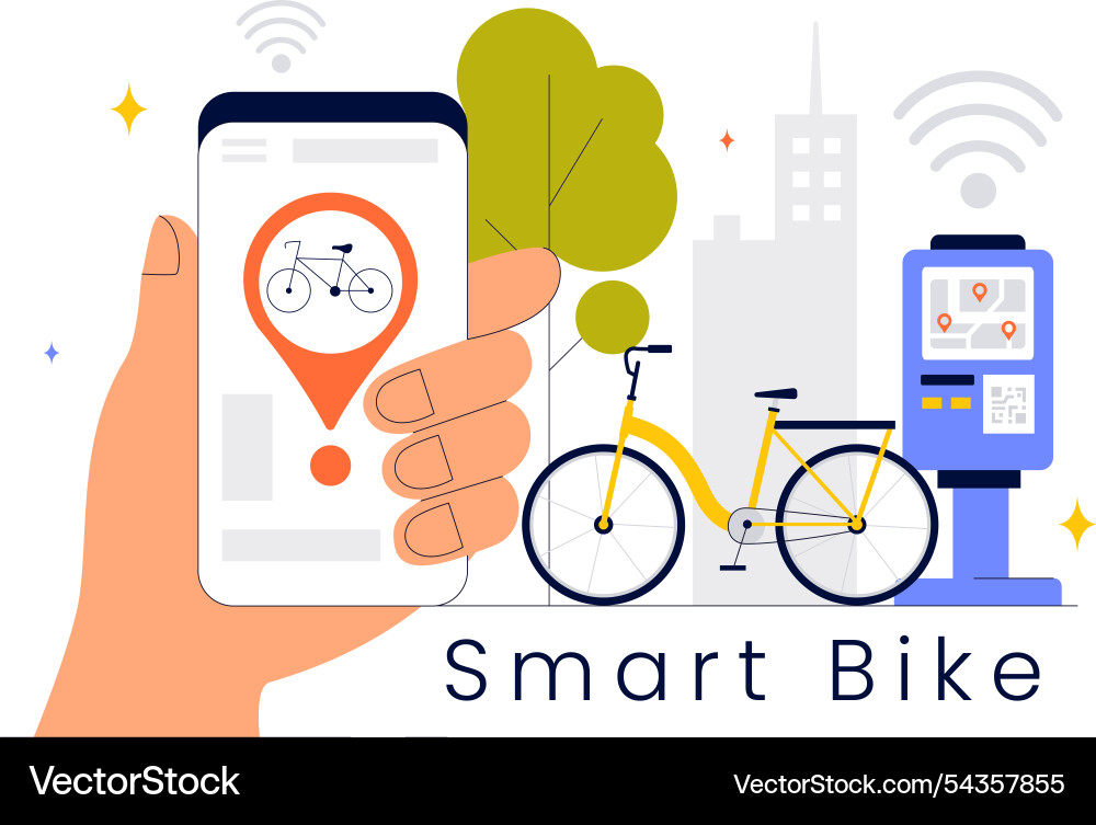 Smart bike featuring a navigation app with map Smart bike featuring a navigation app with map Vector Image