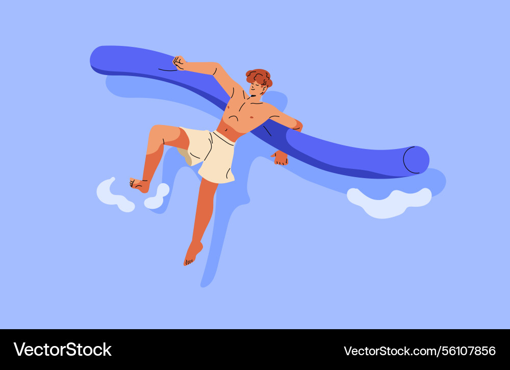 Happy boy is lying on back pool noodle water Happy boy is lying on back pool noodle water vector image