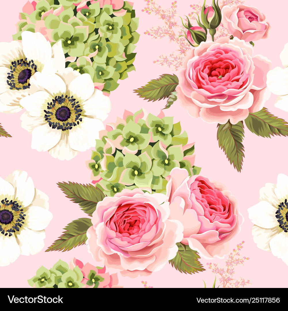 Seamless pattern with roses and hydrangea vector image
