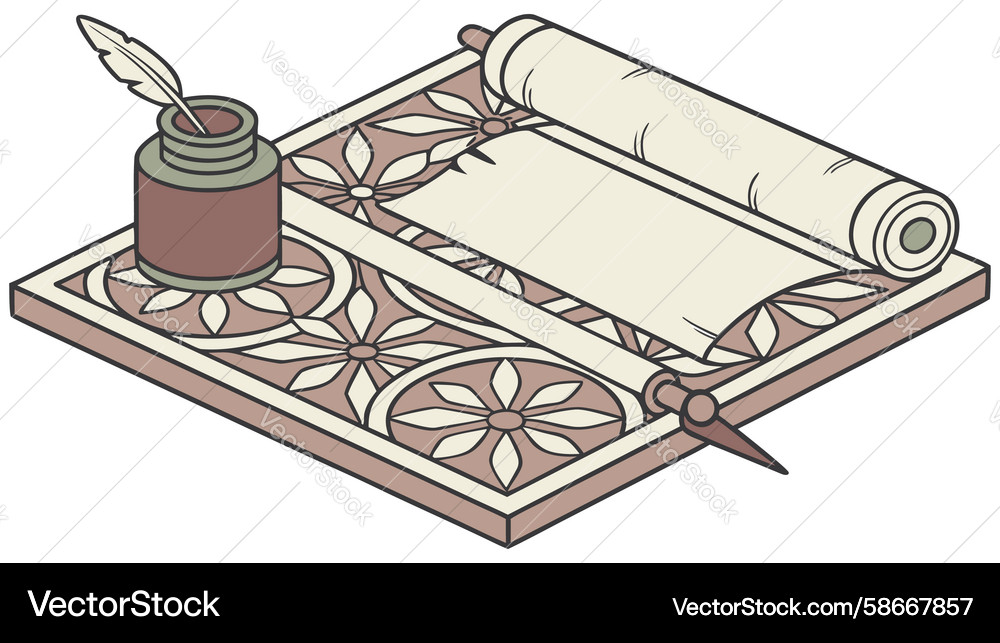 Ornate patterned scroll with ink pot set design Vector Image