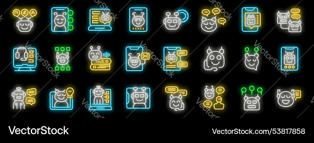 Chatbot icons set in neon style for any design Chatbot icons set in neon style for any design vector image