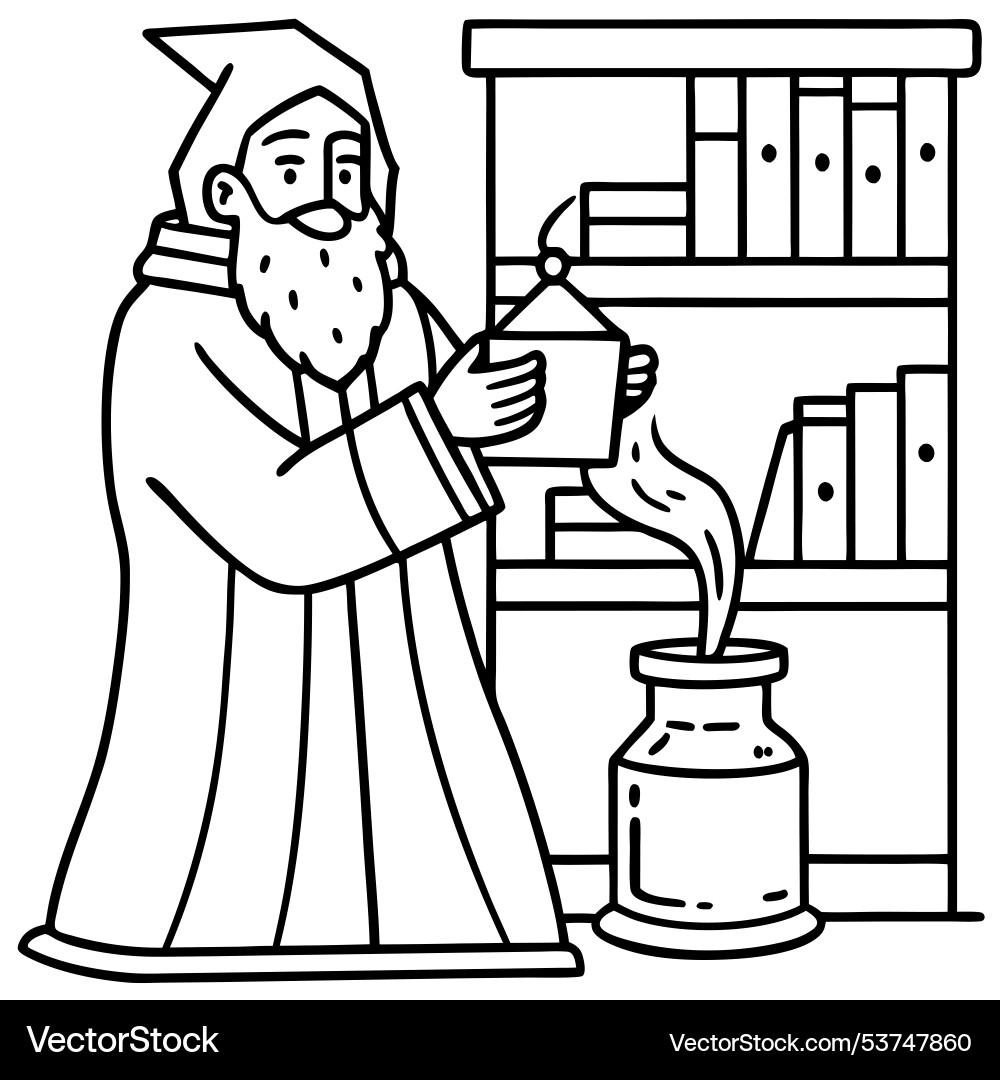 Old wizard inside a library creating magic Vector Image