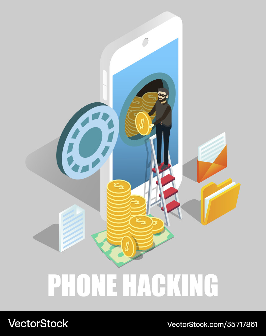 Phone hacking scams isometric hacker cyber thief vector image