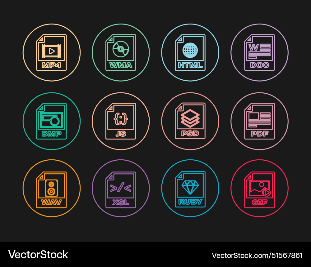 Set line gif file document pdf html js bmp mp4 Set line gif file document pdf html js bmp mp4 Vector Image
