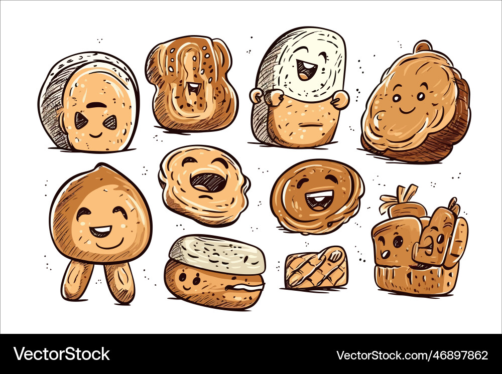 Doodle smiling bread characters set isolated Doodle smiling bread characters set isolated Vector Image