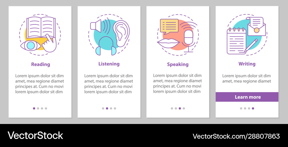 Basic language skills onboarding mobile app page vector image