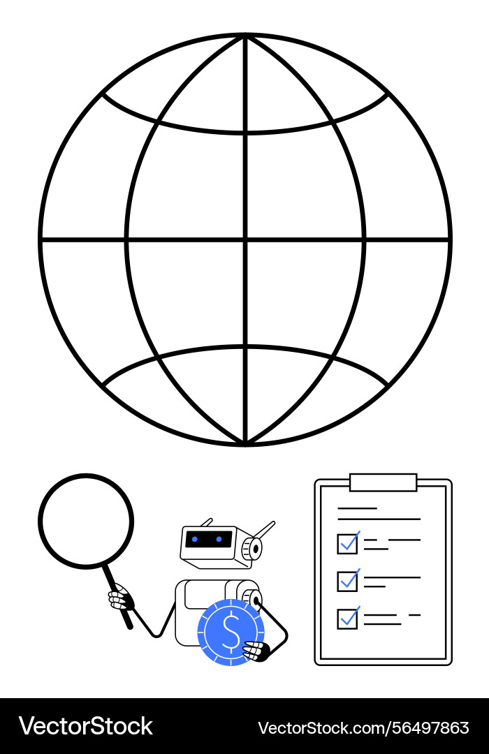 Robot analyzing global data with magnifying glass Robot analyzing global data with magnifying glass vector image