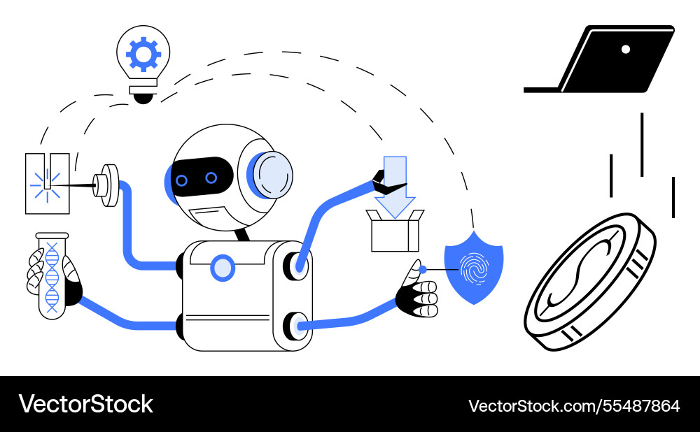 Versatile robot performing multiple tasks Versatile robot performing multiple tasks vector image