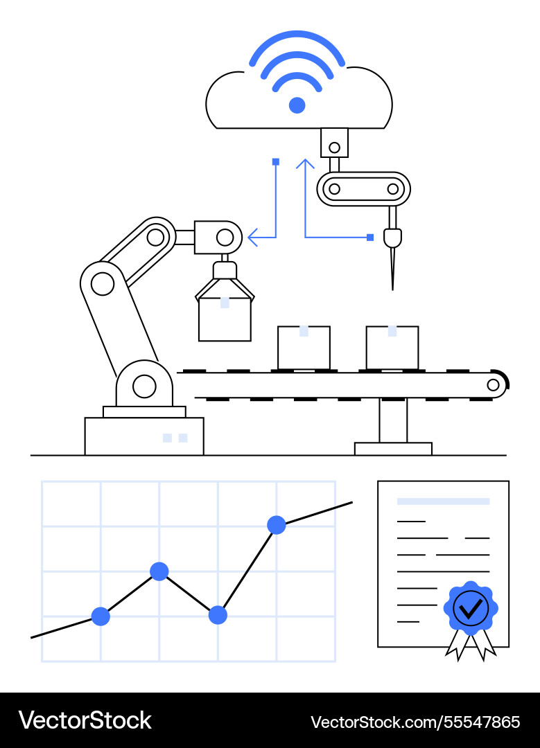 Robotic arm with cloud connectivity in automated Robotic arm with cloud connectivity in automated vector image