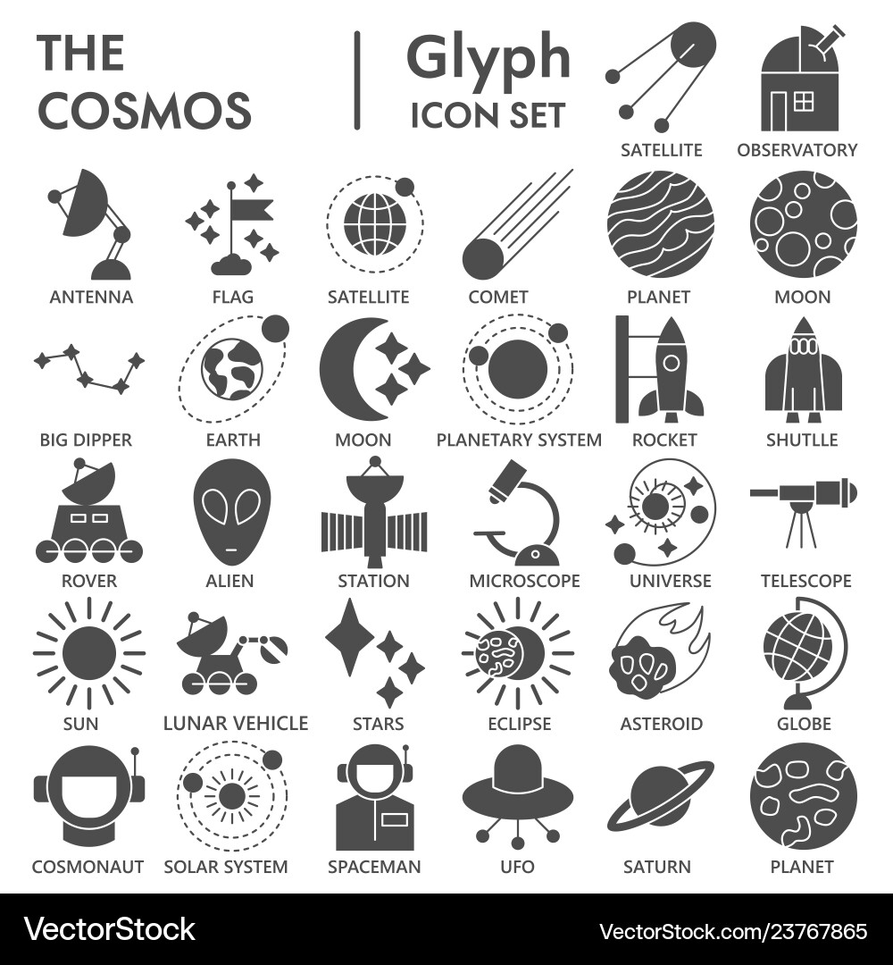Space glyph signed icon set astronomy symbols Space glyph signed icon set astronomy symbols vector image