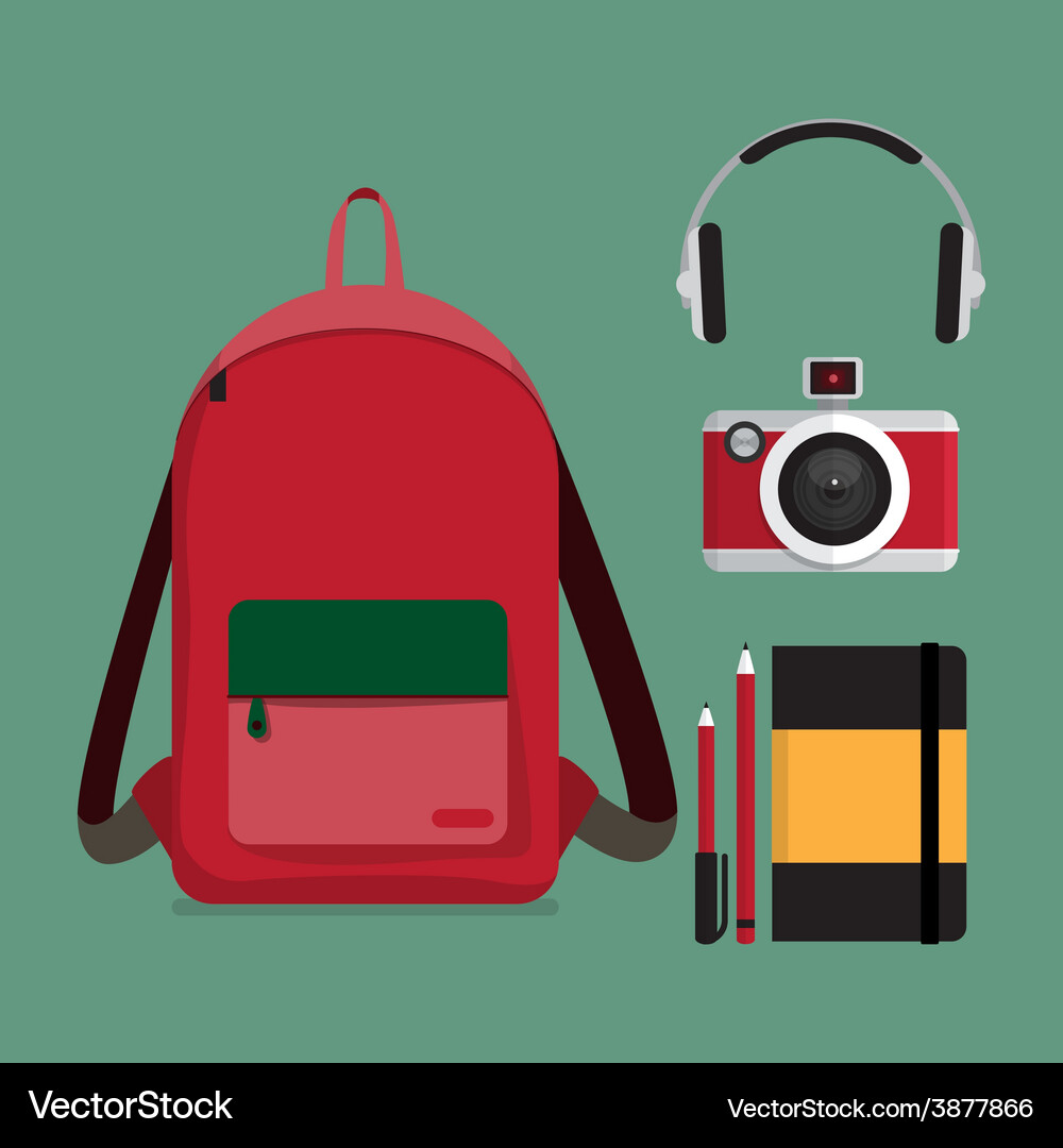 Red backpack with multiple items Vector Image