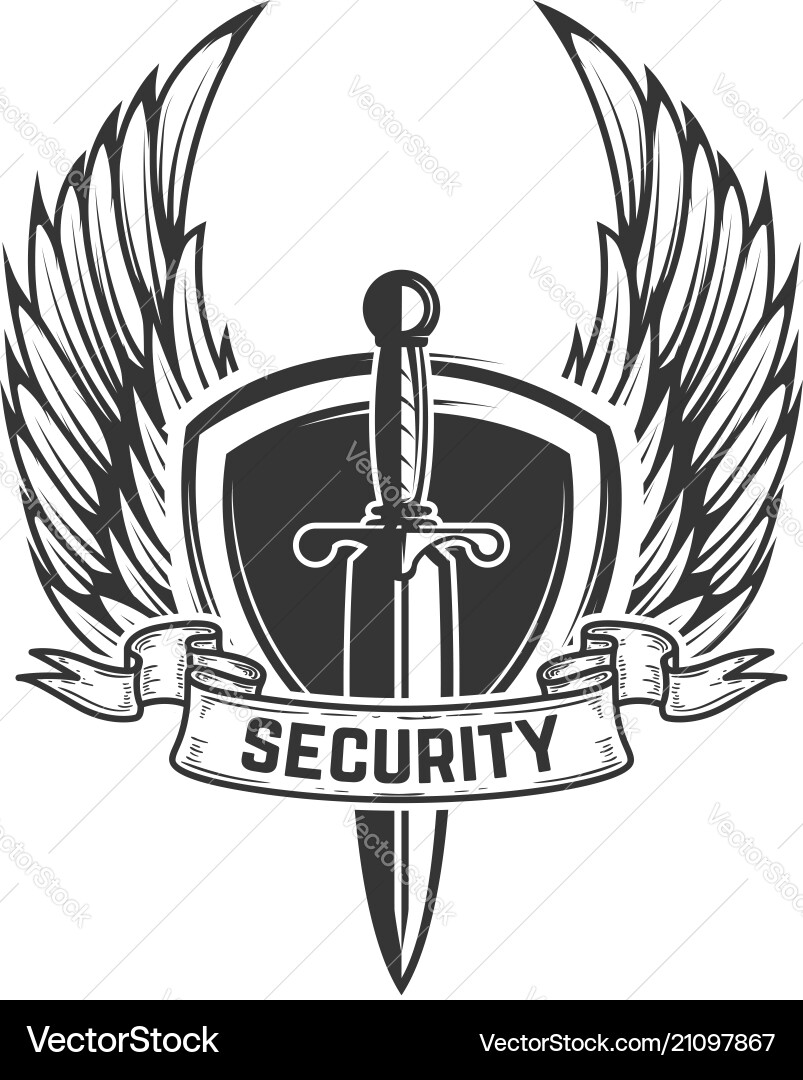 Security winged shield with sword design element Security winged shield with sword design element vector image