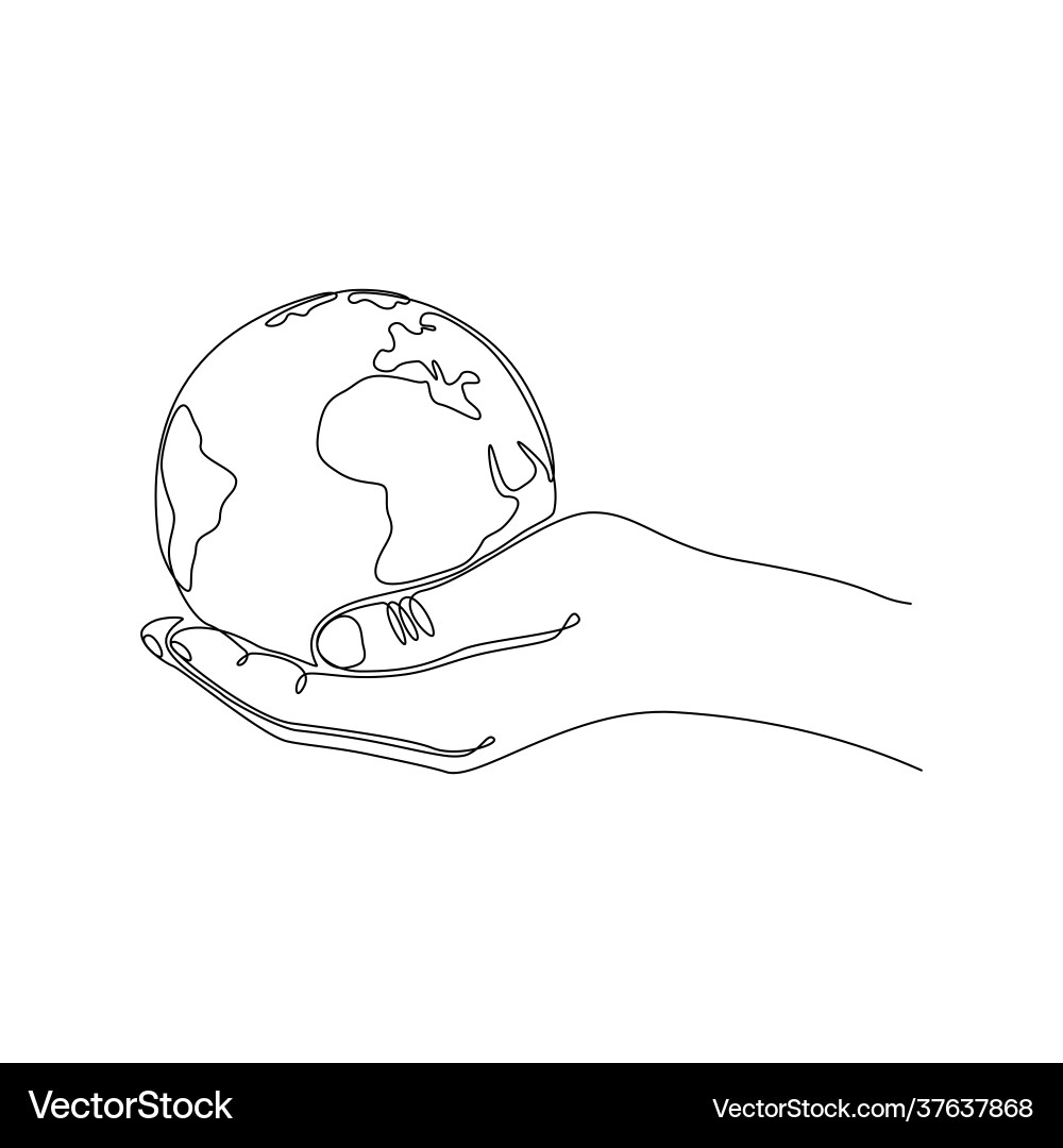Continuous line drawing a hand with globe Continuous line drawing a hand with globe Vector Image