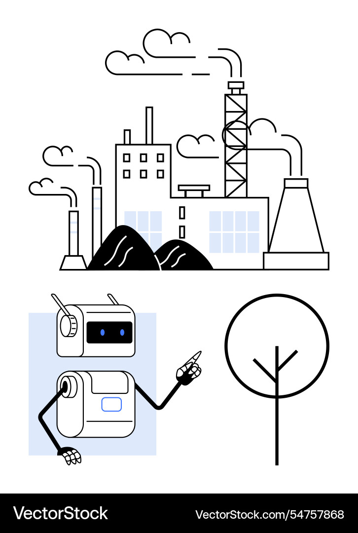 Industrial factory with robot pointing towards Industrial factory with robot pointing towards vector image
