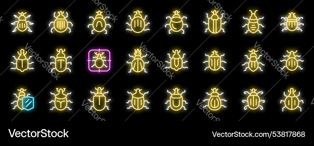 Set of bug searching neon light icons glowing Set of bug searching neon light icons glowing vector image