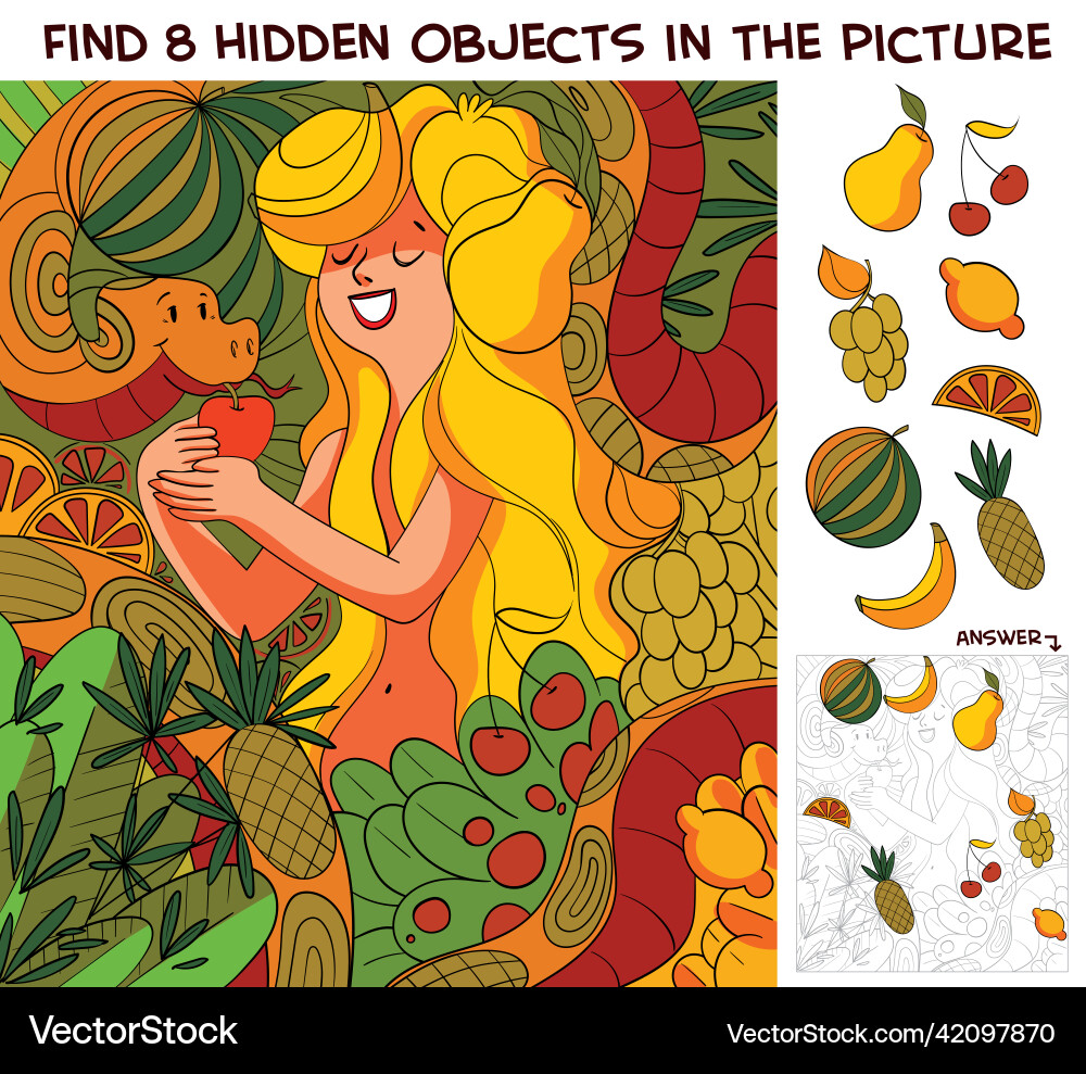 Eve apple and snake find 8 hidden objects Eve apple and snake find 8 hidden objects Vector Image