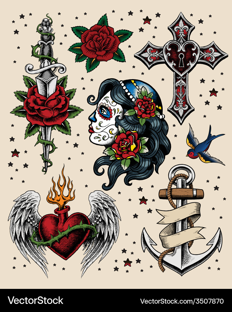 額縁 Old school tattoo FLASH graphic Assorted Design Traditional Tattoo Flash Sheet (11x14