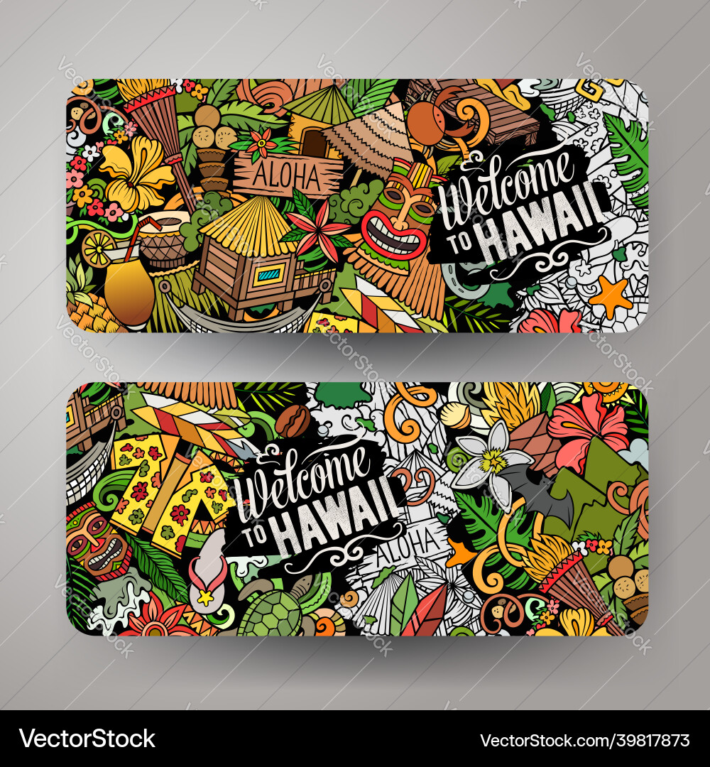 Cartoon cute doodles hawaii horizontal banners set Cartoon cute doodles hawaii horizontal banners set vector image