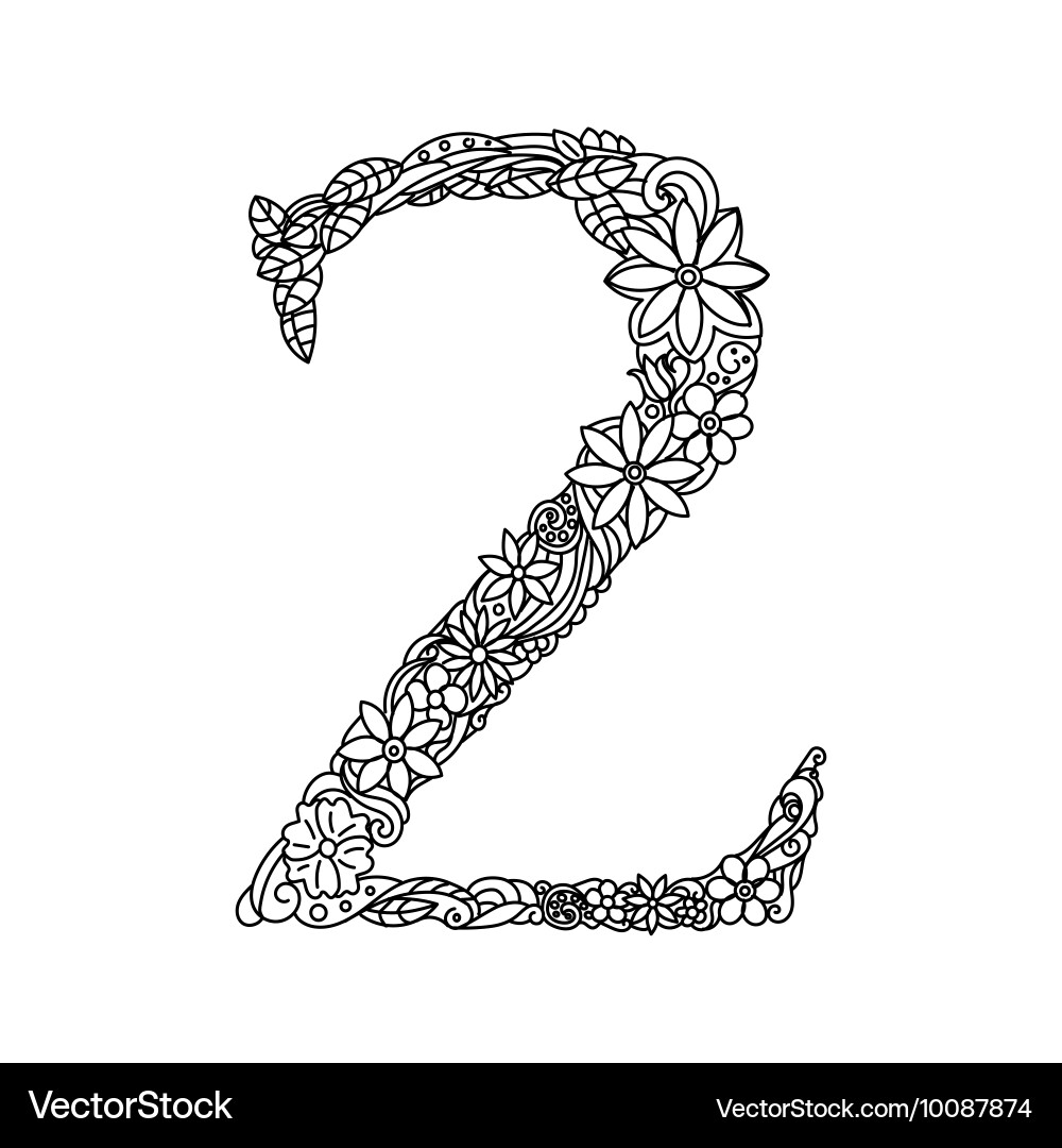 Floral Number 2 Coloring Page Vector Image