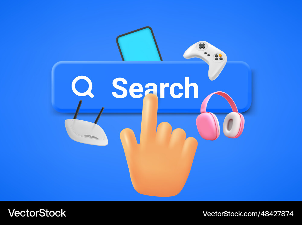 Hand pressing search button internet searching Hand pressing search button internet searching Vector Image