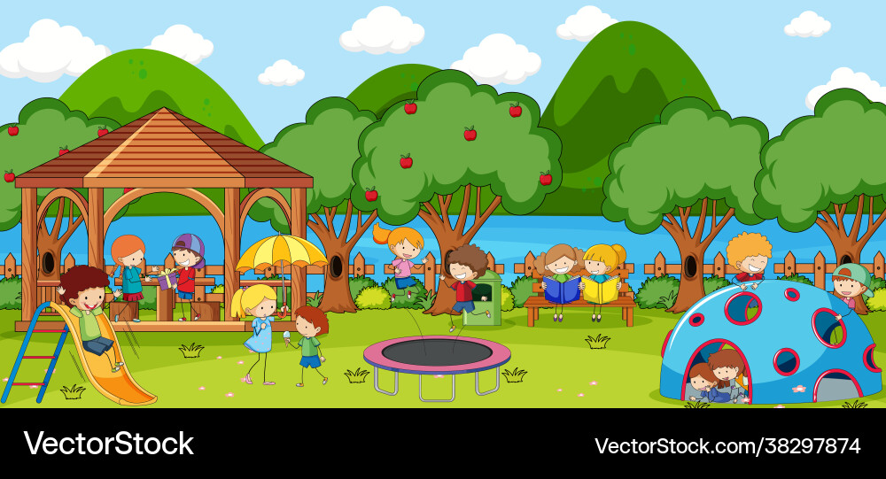 Outdoor Szene mit vielen Kindern im Park spielen Outdoor Szene mit vielen Kindern im Park spielen vektorbild
