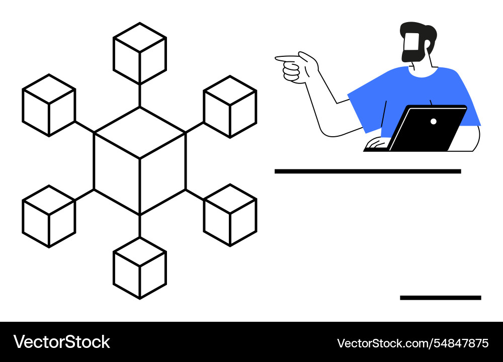 Man pointing at connected cubes while working Vector Image
