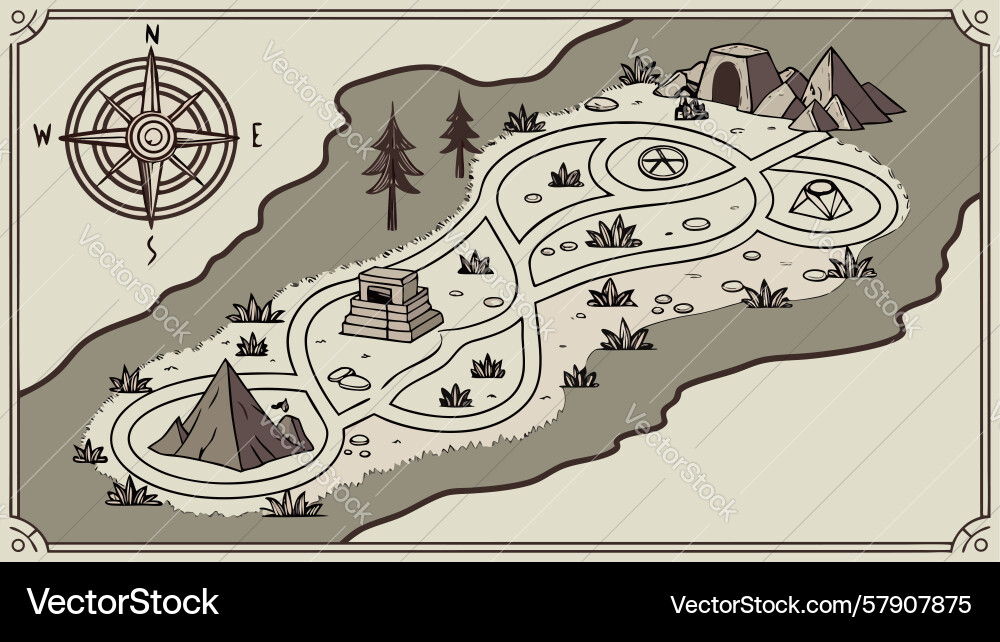 Old map with winding path and terrain design Vector Image
