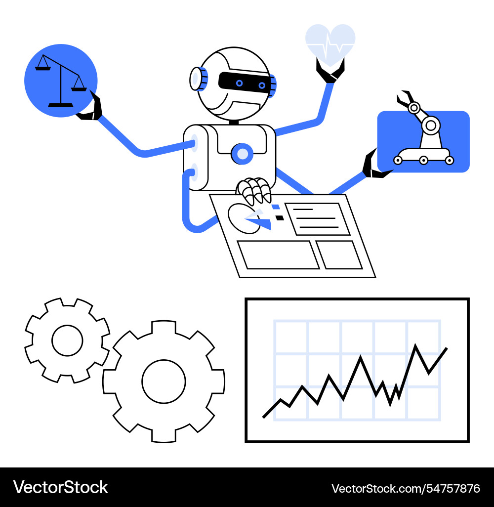Ai robot analyzing data with multiple hands Ai robot analyzing data with multiple hands vector image