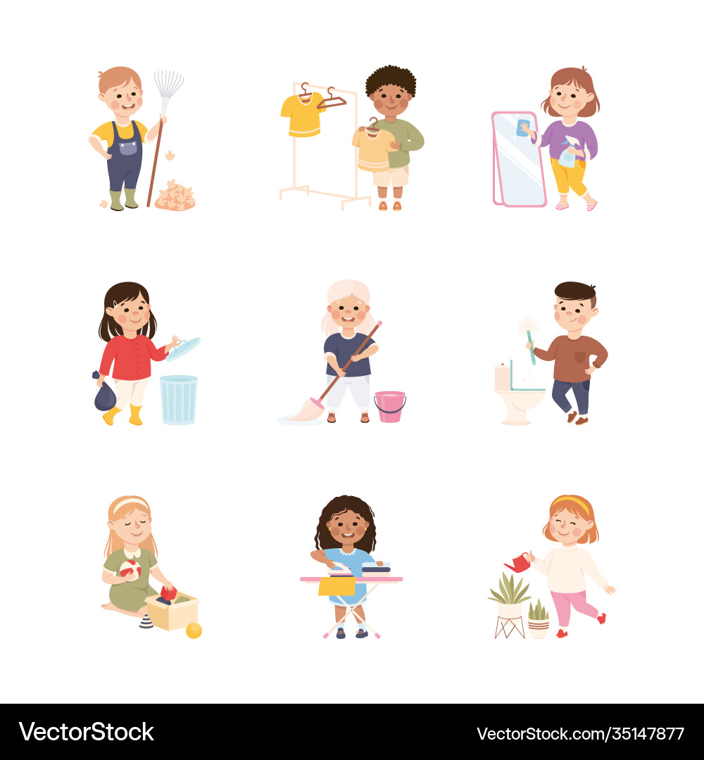 Kid helping their parents with housework set boys Kid helping their parents with housework set boys vector image