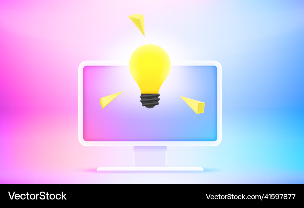 Shining lightbulb on the screen of computer idea Vector Image