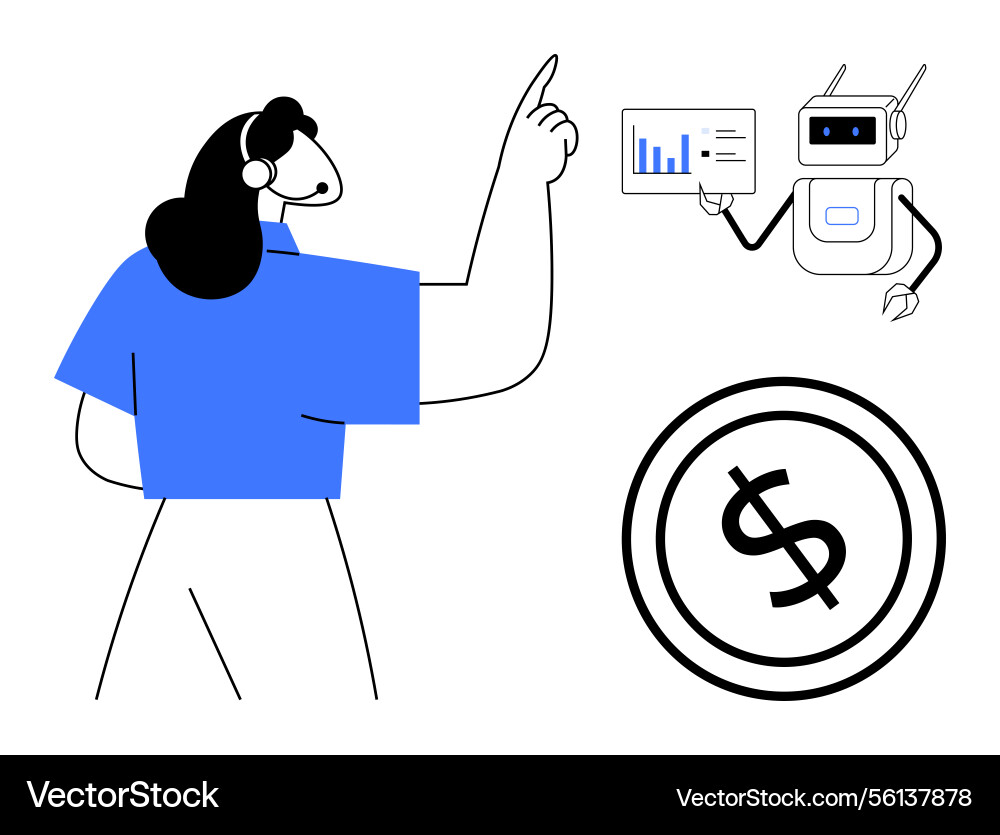 Woman collaborating with ai robot displaying data Woman collaborating with ai robot displaying data vector image