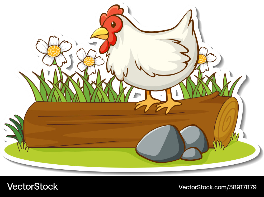 Chicken standing on log with nature element Vector Image