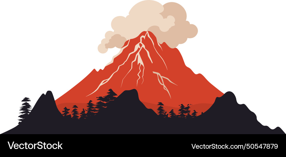 Red erupting volcano smoke surrounded forest Red erupting volcano smoke surrounded forest vector image