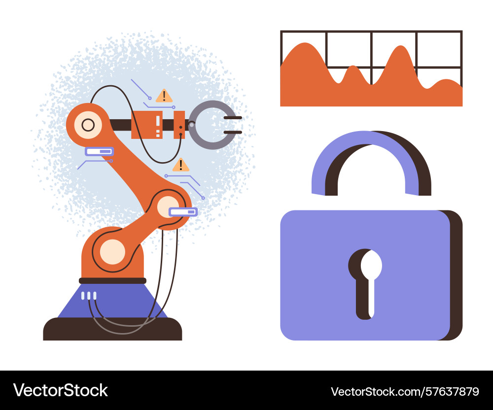 Robotic arm with data chart and security padlock Robotic arm with data chart and security padlock vector image