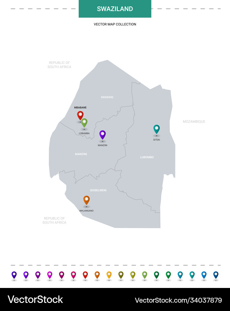 Swaziland map with location pointer marks vector image