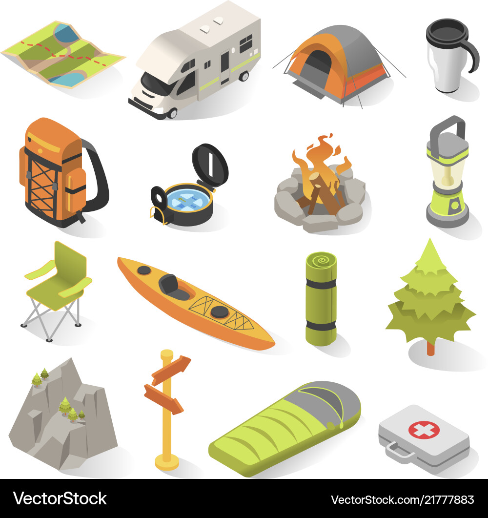 Camping and travel isometric elements Camping and travel isometric elements vector image