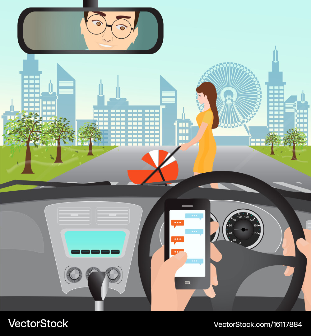 Man using smartphone while driving the car when vector image