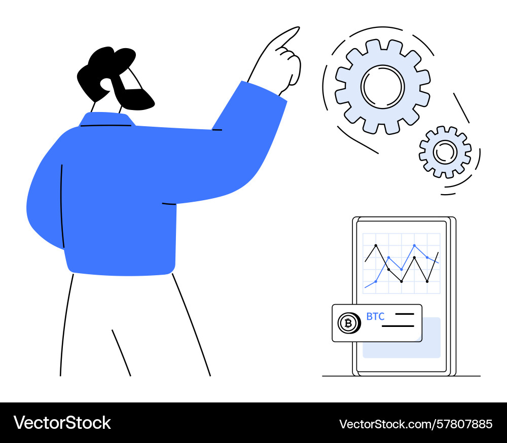 Man analyzing gear mechanism and cryptocurrency Vector Image