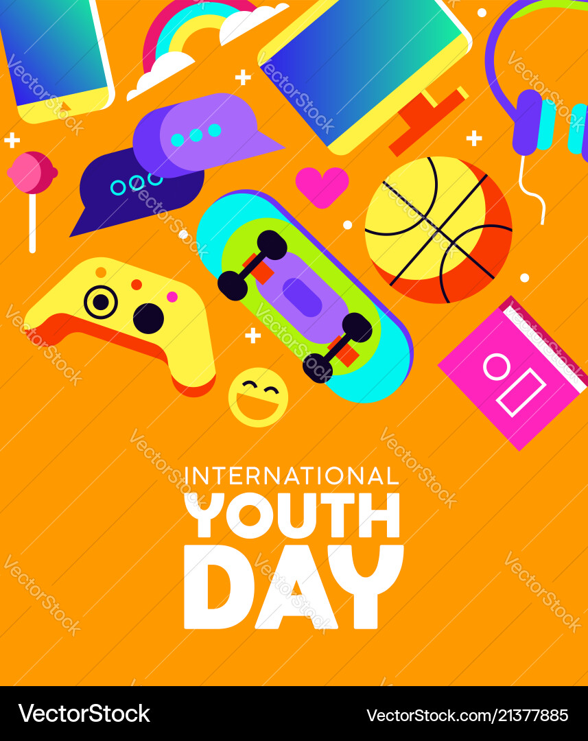 Youth day card of fun teen activity icons