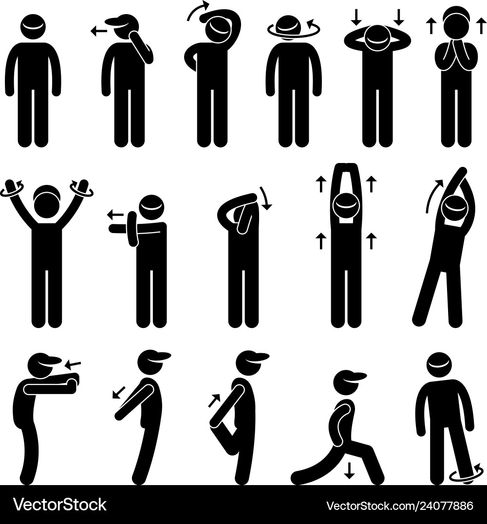 Body stretching exercise stick figure pictograph Body stretching exercise stick figure pictograph vector image