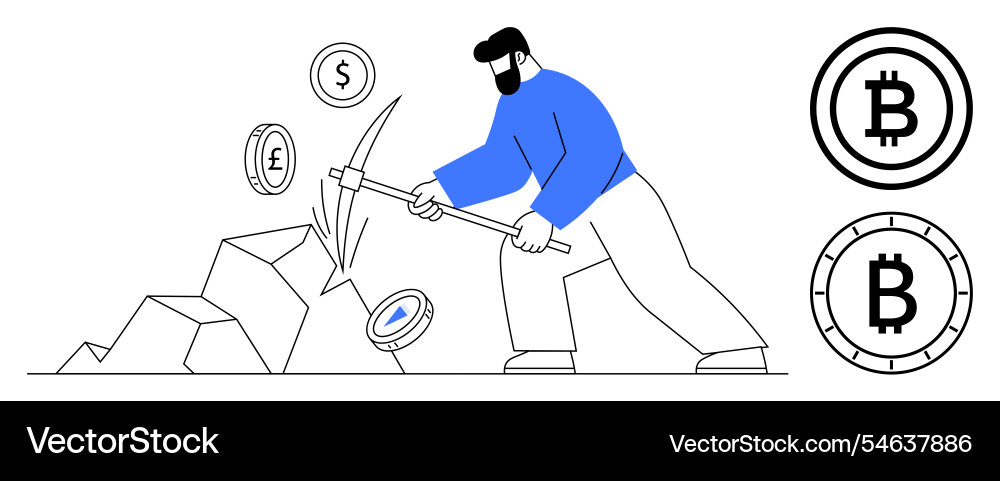 Man mining cryptocurrency with pickaxe surrounded Man mining cryptocurrency with pickaxe surrounded vector image