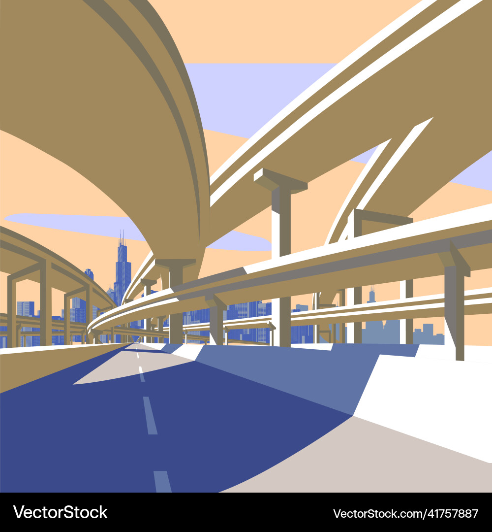 Highway overpass and city skyline in sun light Highway overpass and city skyline in sun light vector image