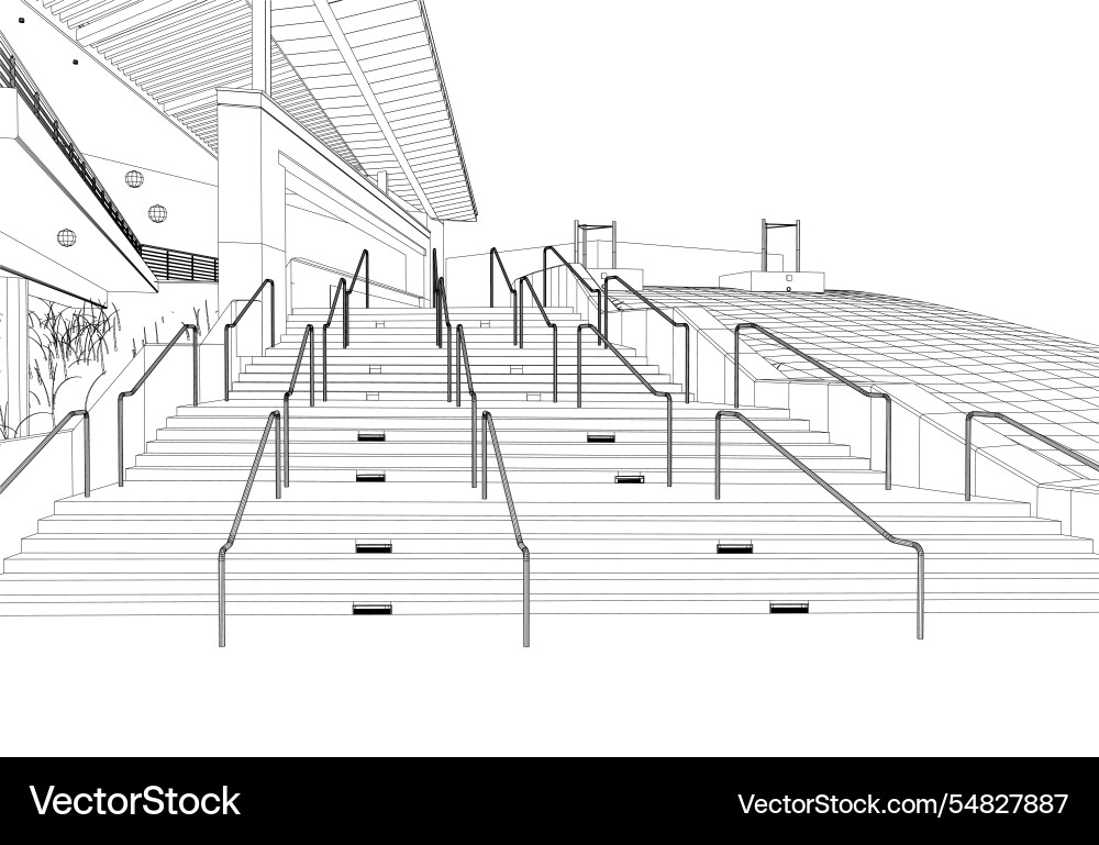 Outline of a large staircase and building from Outline of a large staircase and building from Vector Image