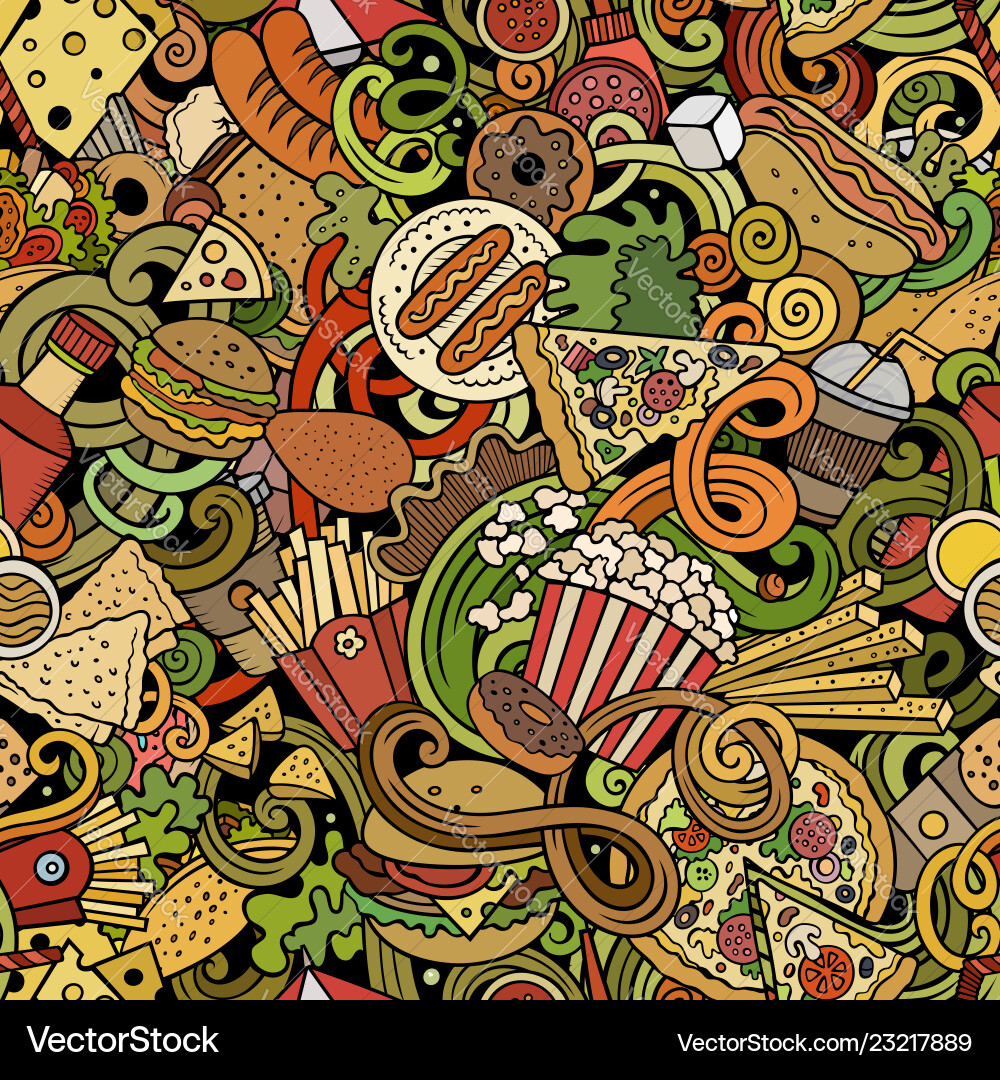 Fastfood hand drawn doodles seamless pattern fast Fastfood hand drawn doodles seamless pattern fast vector image