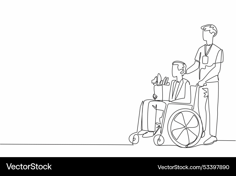 Single continuous line drawing man helps push old Single continuous line drawing man helps push old vector image